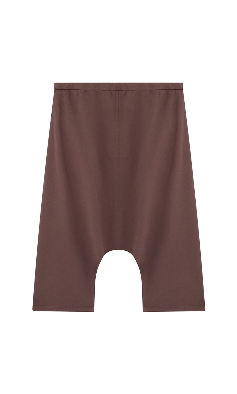 Plümo- Sybel Pants: Brown wide-leg, knee-length shorts with dropped-crotch and elastic waistband on white background.
