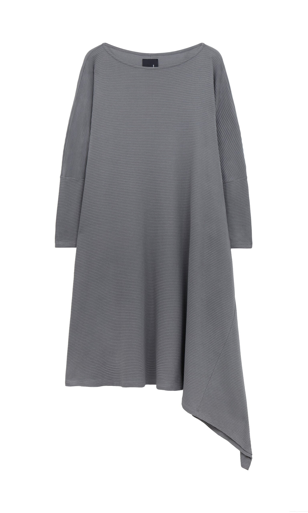 Plümo- Asymmetric Dress: Gray, loose-fit rib knit with long sleeves, boat neckline, and an asymmetric hem.