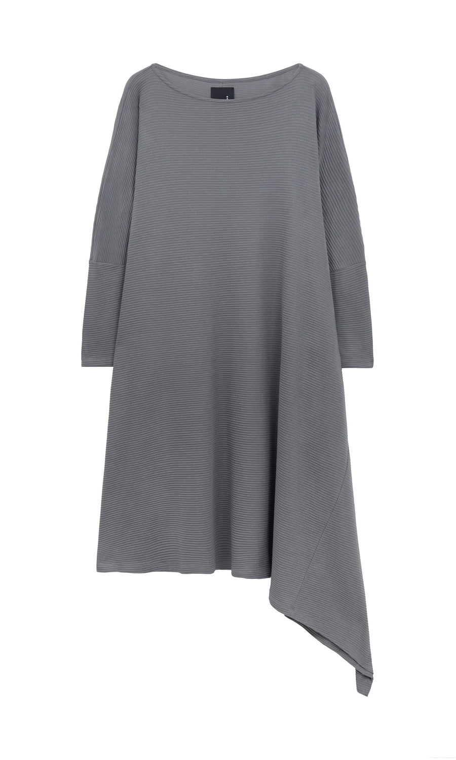 Plümo- Asymmetric Dress: Gray, loose-fit rib knit with long sleeves, boat neckline, and an asymmetric hem.