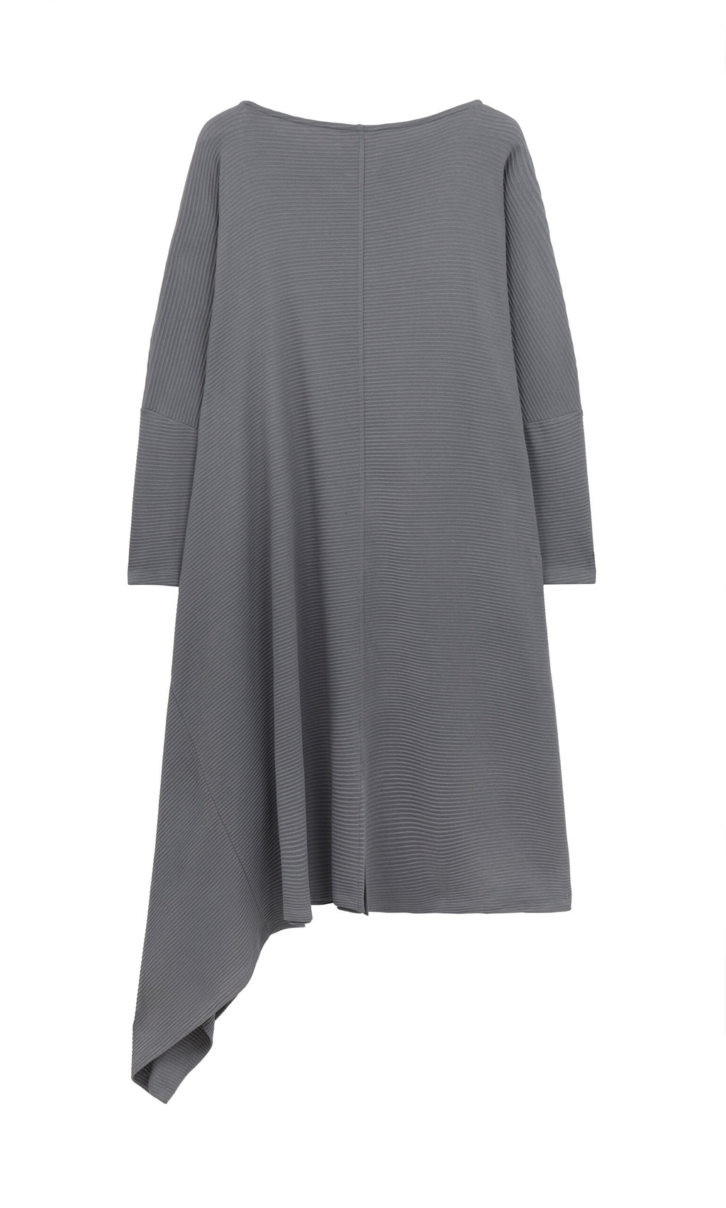 Plümo- Asymmetric Dress in gray rib knit with long sleeves and an asymmetric hem, shown on a white background.