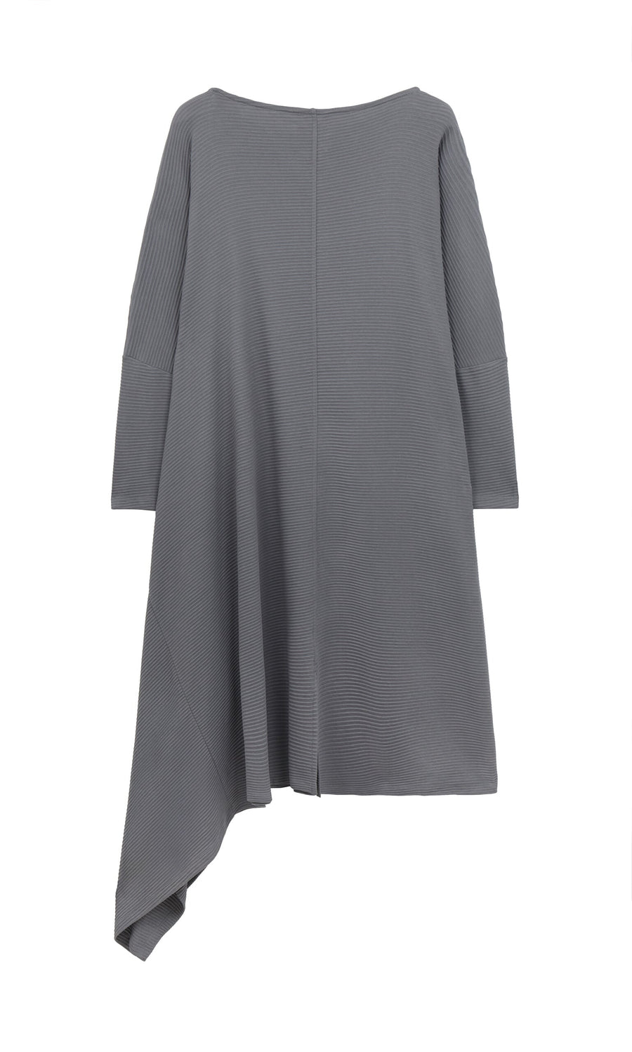 Plümo- Asymmetric Dress in gray rib knit with long sleeves and an asymmetric hem, shown on a white background.