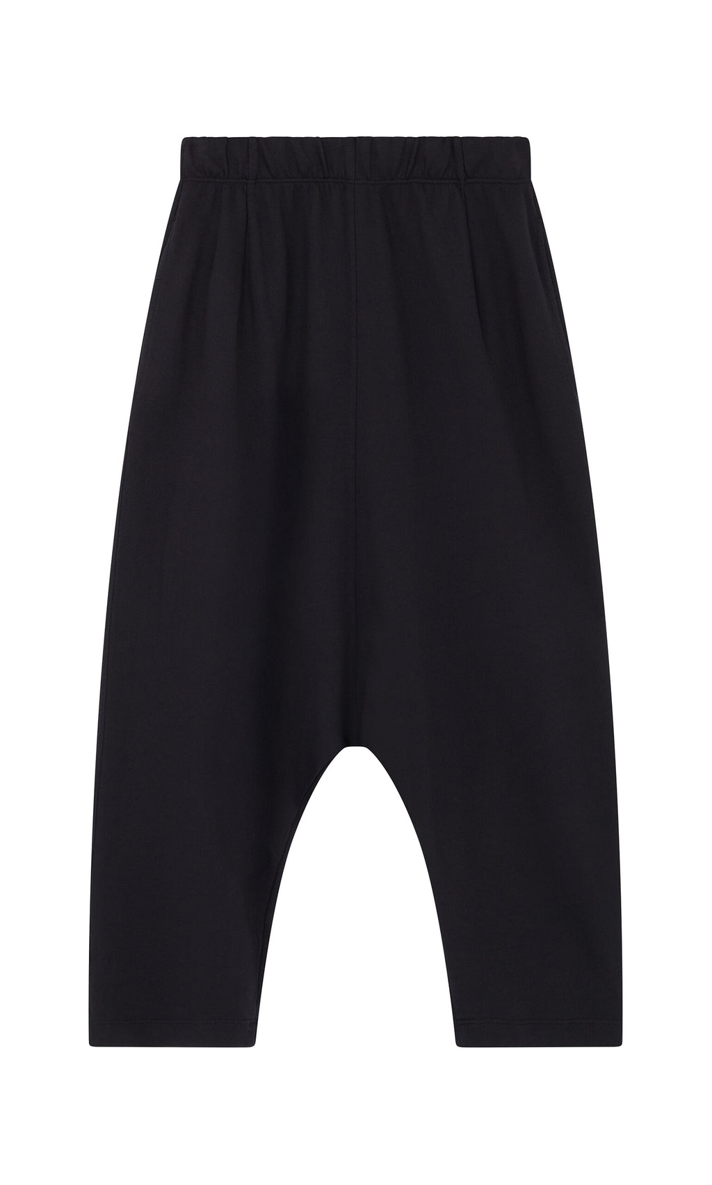 Plümo- Nerula Pants: black jersey with elastic waistband, cropped leg, and dropped-crotch, laid flat on a white background.