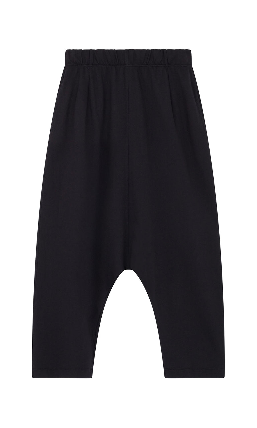 Plümo- Nerula Pants: black jersey with elastic waistband, cropped leg, and dropped-crotch, laid flat on a white background.