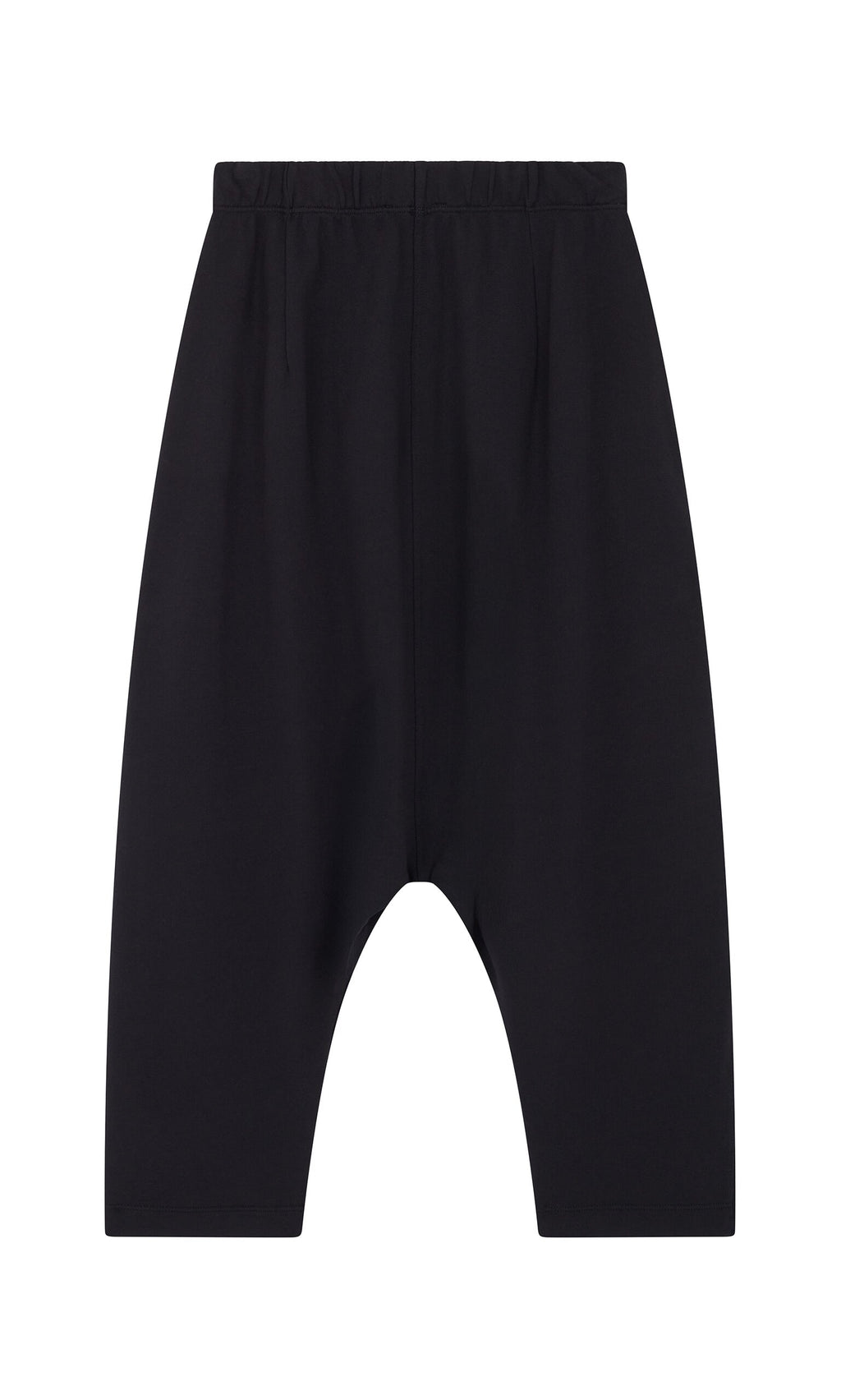 Plümo- Nerula Pants: black, dropped-crotch jersey pants with elastic waistband, shown flat on a white background.