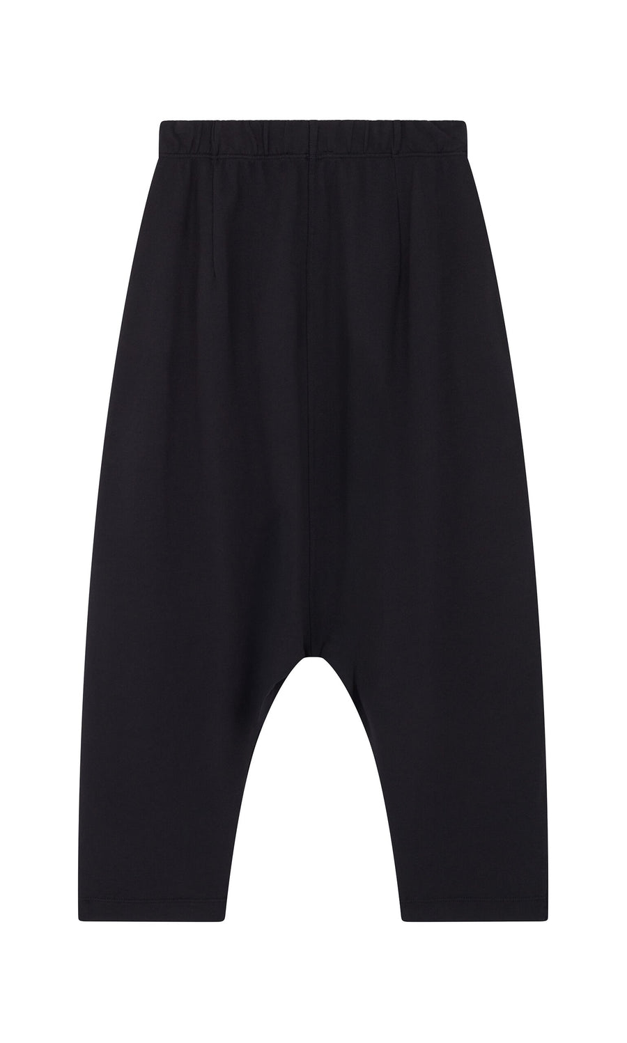 Plümo- Nerula Pants: black, dropped-crotch jersey pants with elastic waistband, shown flat on a white background.