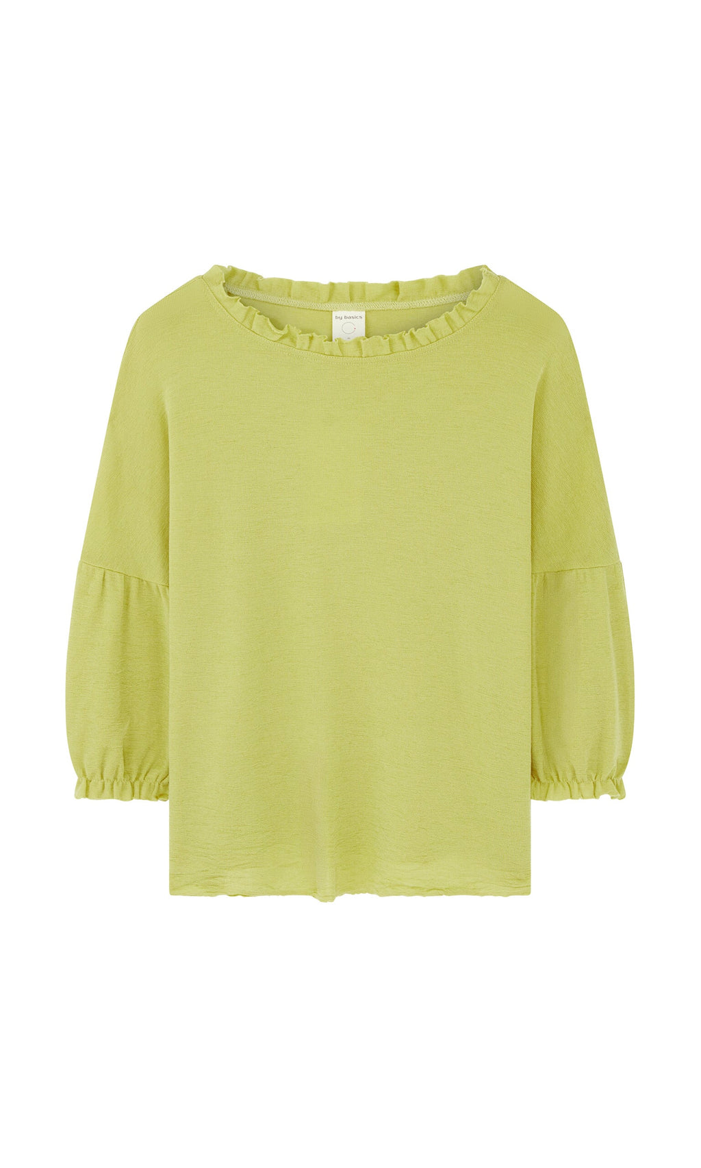 Plümo- Pansy Blouse: light green, long-sleeve ruffle neck with delicate cuffs, inspired by Danish design.