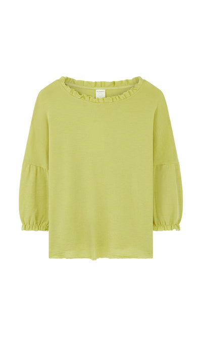 Plümo- Pansy Blouse: light green, long-sleeve ruffle neck with delicate cuffs, inspired by Danish design.