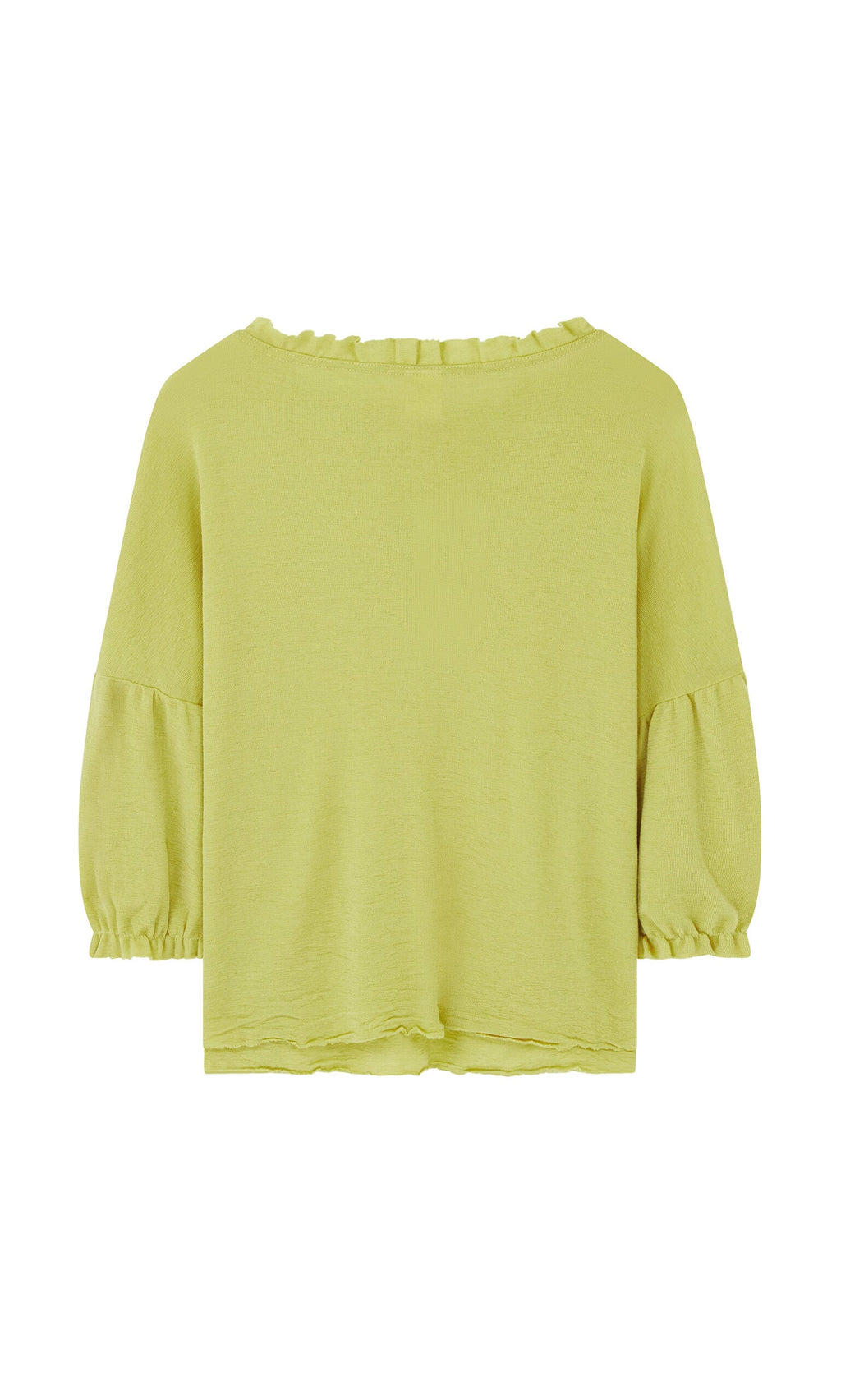 Plümo- Pansy Blouse: light yellow Danish design with ruffled neckline, puff sleeves, loose fit, shown from the back.