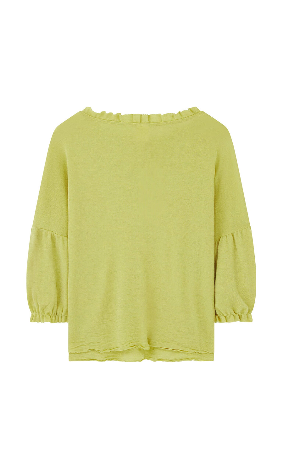 Plümo- Pansy Blouse: light yellow Danish design with ruffled neckline, puff sleeves, loose fit, shown from the back.