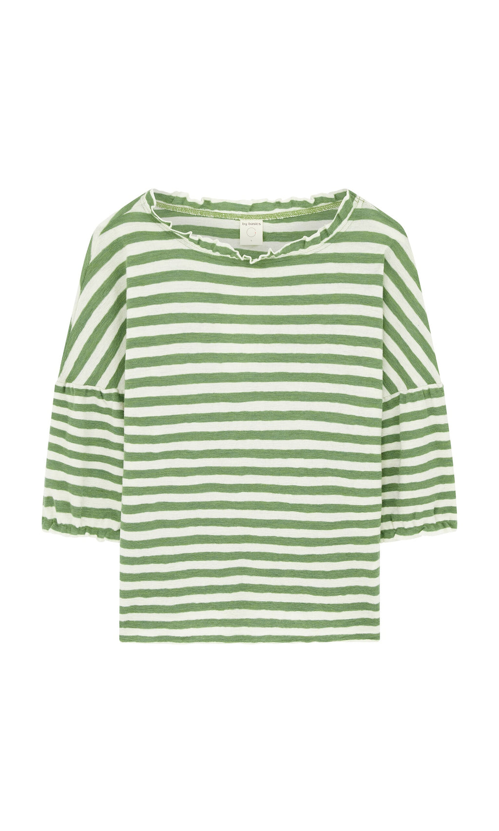 Plümo- Lina Frill Blouse: Green and white striped short-sleeve top with ruffle trims and round neckline, on white background.