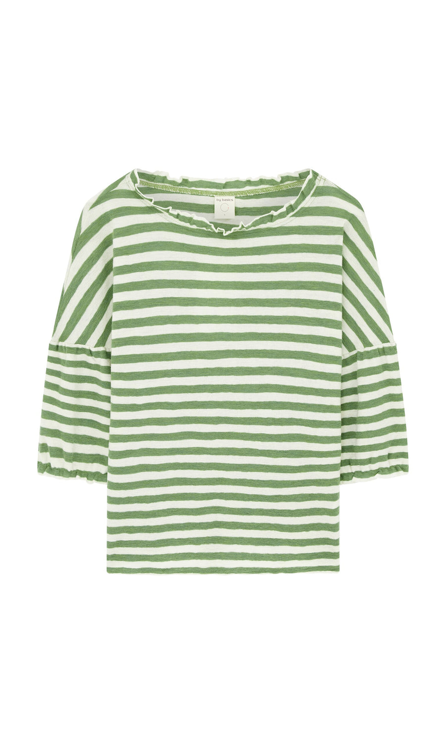 Plümo- Lina Frill Blouse: Green and white striped short-sleeve top with ruffle trims and round neckline, on white background.