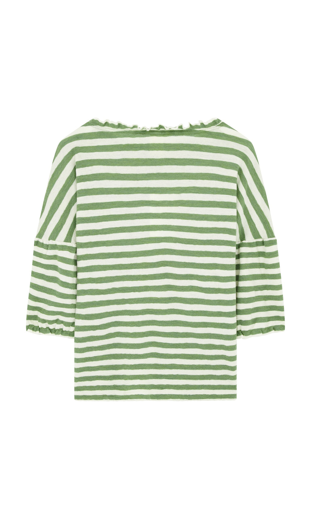 Plümo- Lina Frill Blouse in green and white stripes, merino wool, with ruffled short sleeves; back view.