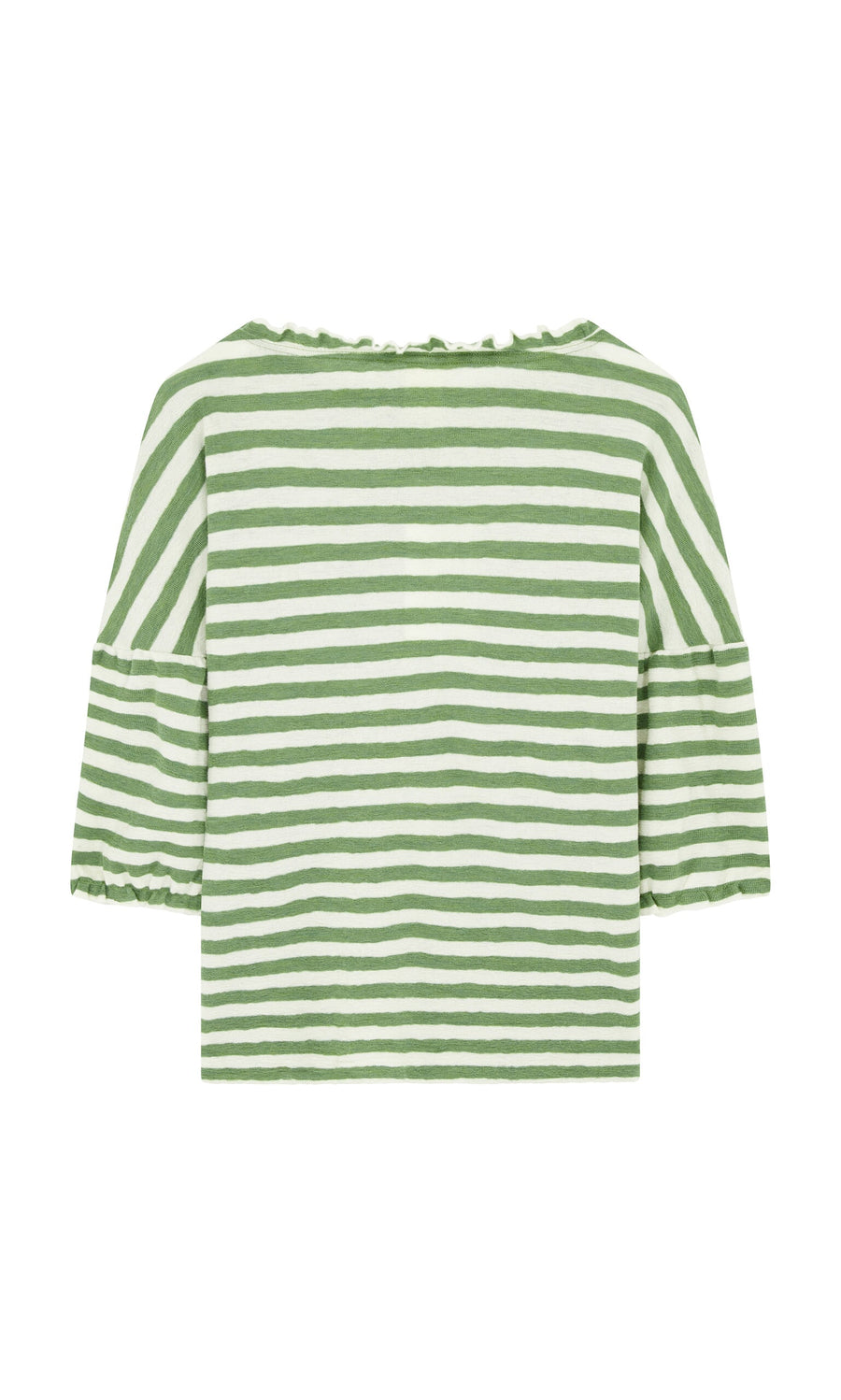 Plümo- Lina Frill Blouse in green and white stripes, merino wool, with ruffled short sleeves; back view.