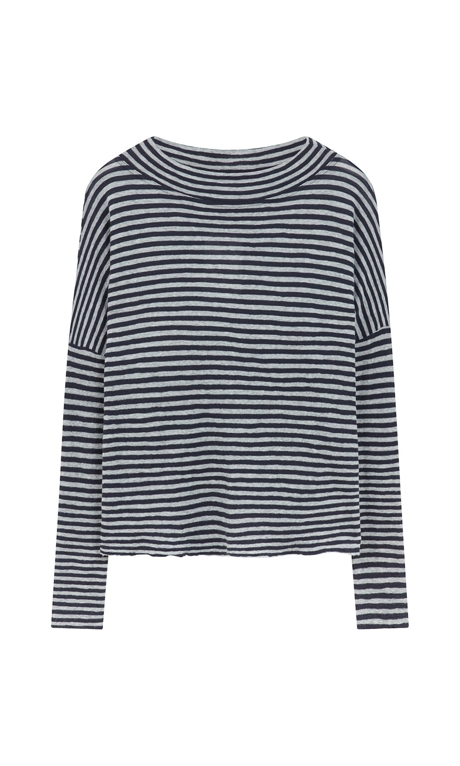 Plümo- The Silvi Mockneck features dark navy stripes and a loose fit, inspired by classic Danish design, on a white background.