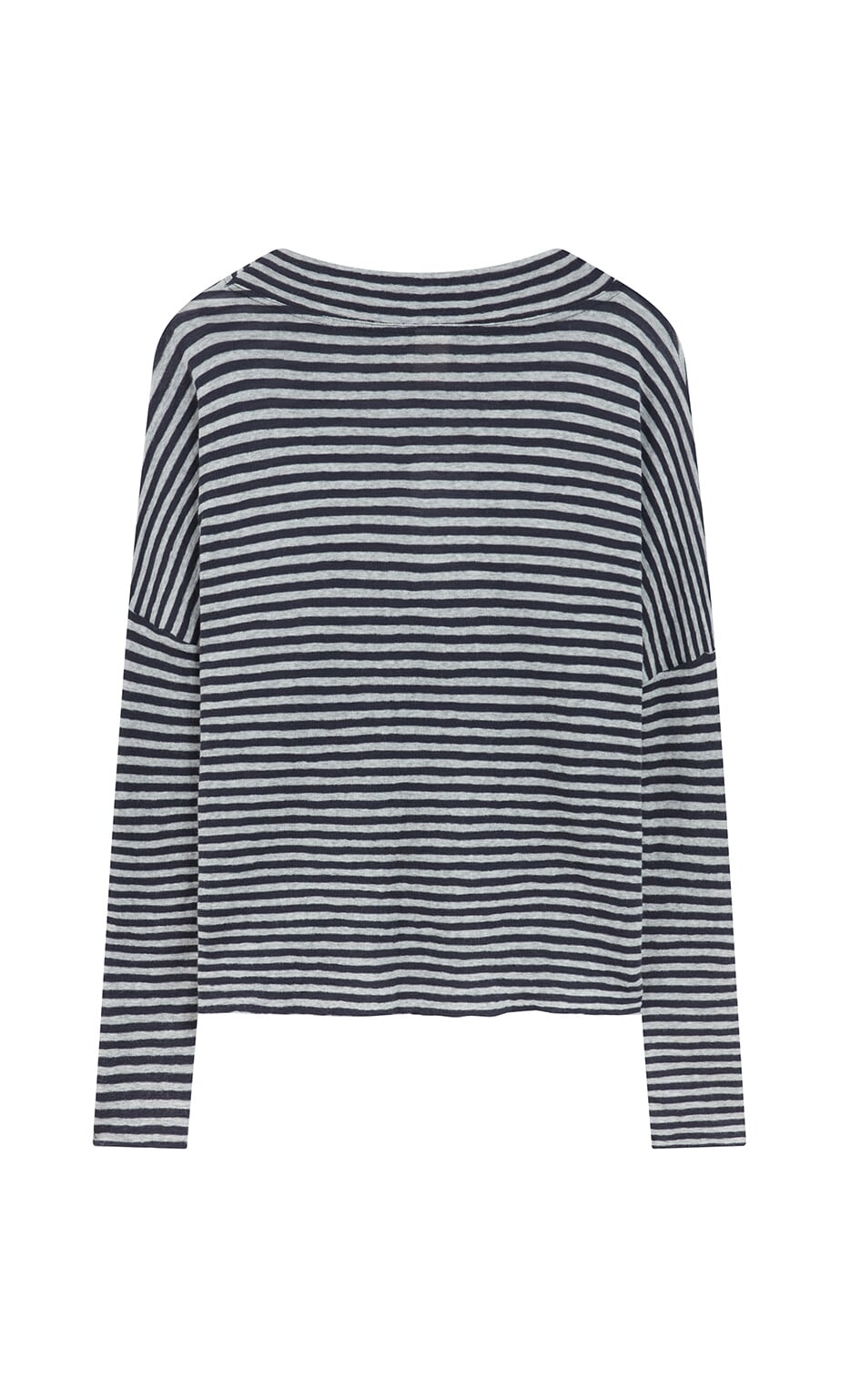 Plümo- Silvi Mockneck (dark navy stripe) long-sleeve shirt, horizontal stripes, back view on white background.