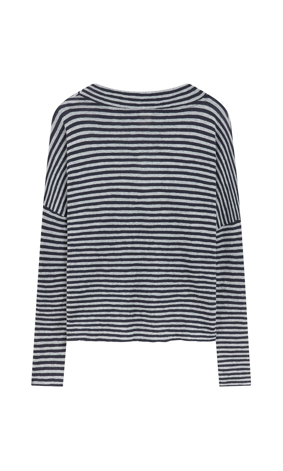 Plümo- Silvi Mockneck (dark navy stripe) long-sleeve shirt, horizontal stripes, back view on white background.