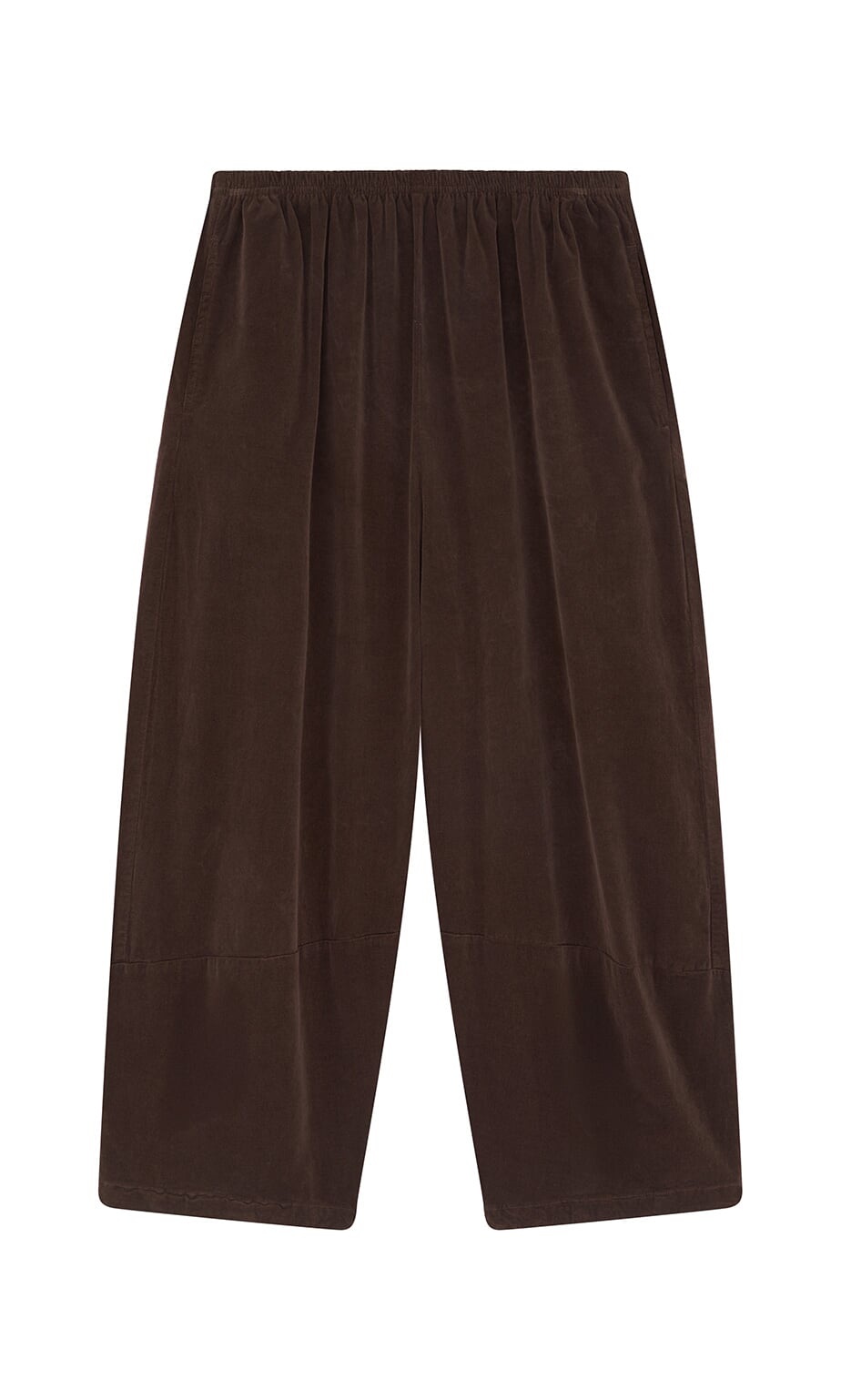 Plümo- Anise Pants: brown velvet wide-leg needlecord cotton with elasticated waistband, shown on a white background.