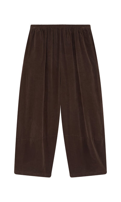 Plümo- Anise Pants: brown velvet wide-leg needlecord cotton with elasticated waistband, shown on a white background.
