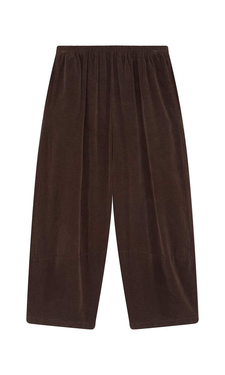 Plümo- Anise Pants: brown velvet wide-leg needlecord cotton with elasticated waistband, shown on a white background.