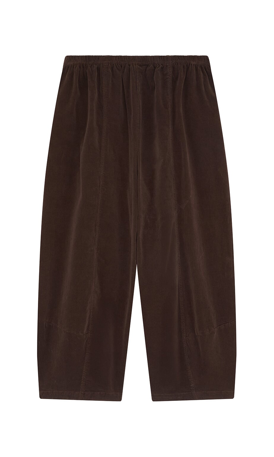 Plümo- Anise Pants: brown, loose-fitting needlecord cotton with elastic waist and cropped wide legs on a white background.