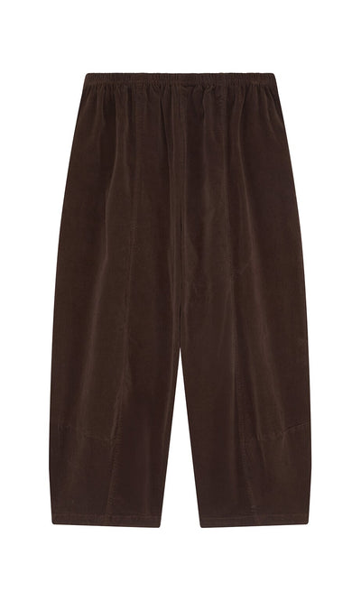 Plümo- Anise Pants: brown, loose-fitting needlecord cotton with elastic waist and cropped wide legs on a white background.