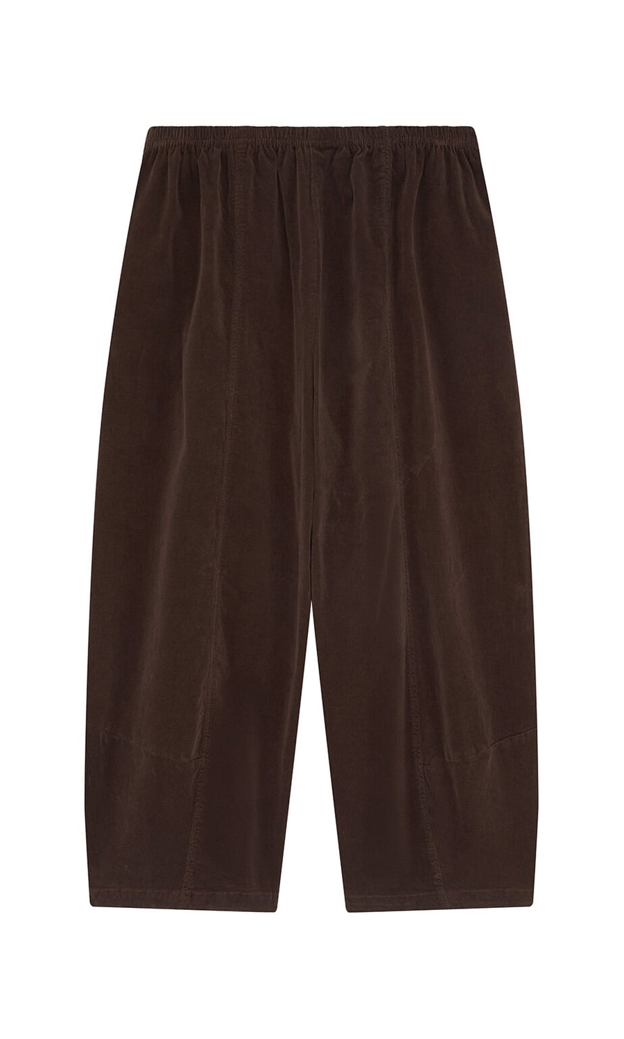 Plümo- Anise Pants: brown, loose-fitting needlecord cotton with elastic waist and cropped wide legs on a white background.