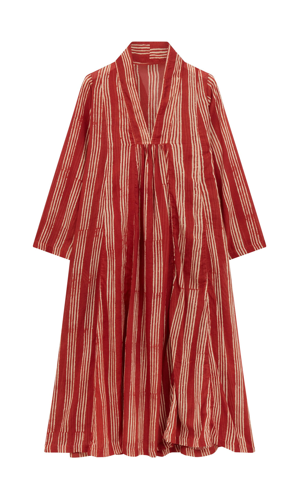 Plümo- Lina Stripe Dress: Long-sleeved, ankle-length dress with vertical red/beige stripes and a V-neck gathered waist.