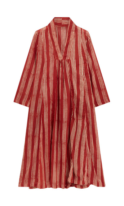 Plümo- Lina Stripe Dress: Long-sleeved, ankle-length dress with vertical red/beige stripes and a V-neck gathered waist.