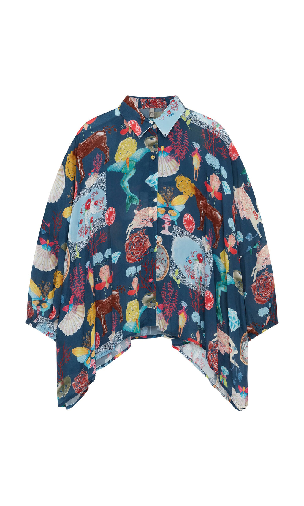 Plümo- Sketch Blouse: Navy oversized button-up with wide sleeves, featuring a colorful digital animal and seashell print.