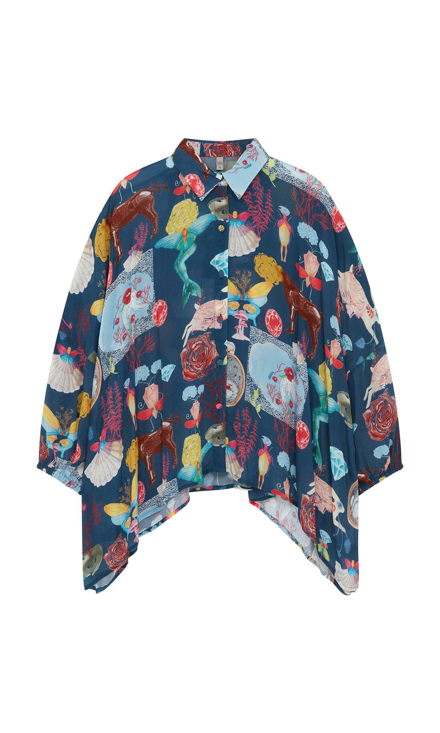 Plümo- Sketch Blouse: Navy oversized button-up with wide sleeves, featuring a colorful digital animal and seashell print.