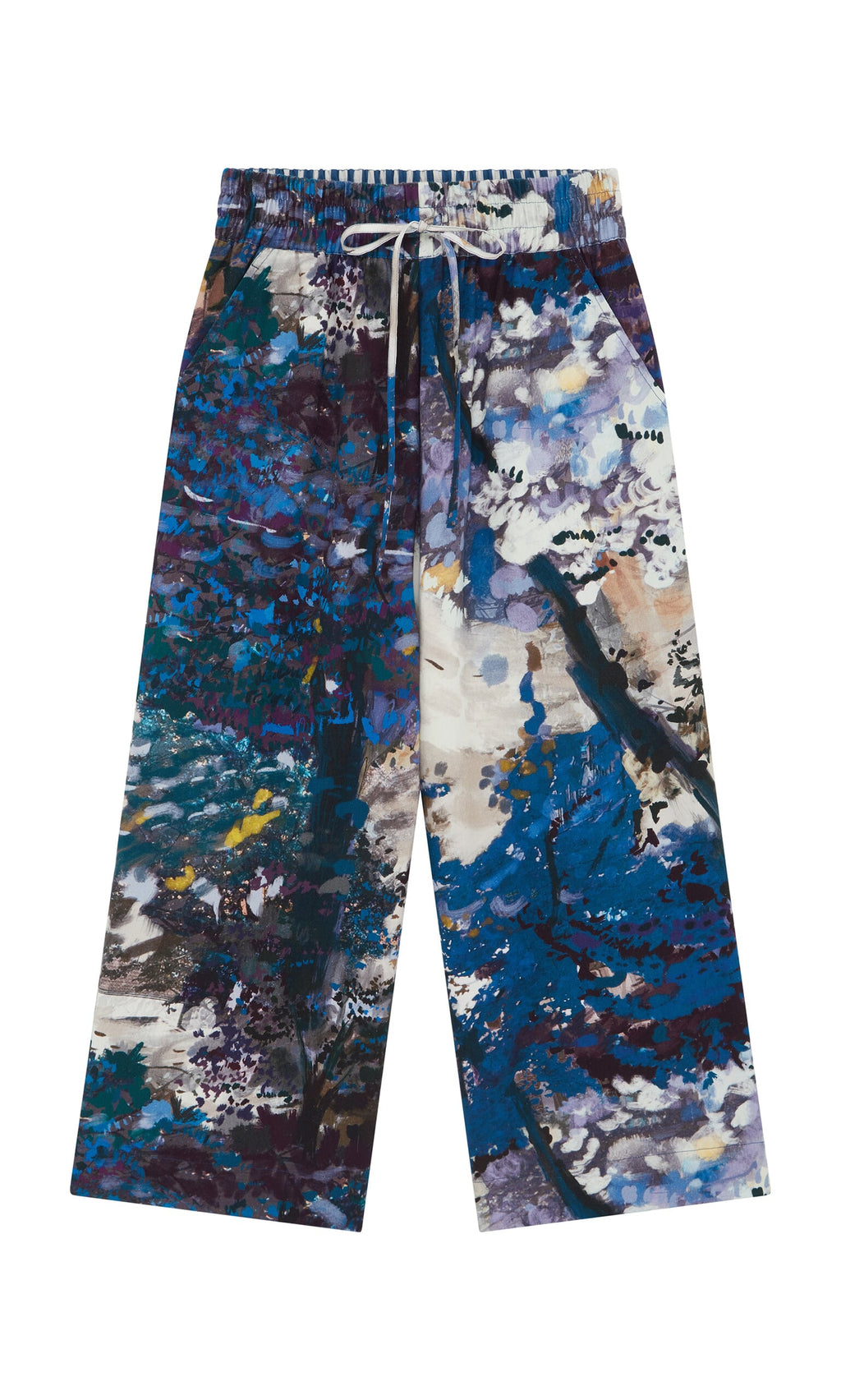 Plümo- Covey Pants: Wide-leg cotton pants with an elastic waistband and a vibrant blue-purple abstract nature pattern.