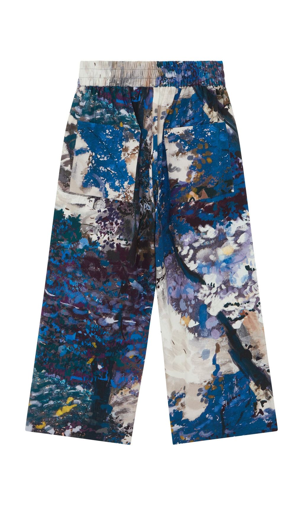 Plümo- Covey Pants: Wide-leg cotton pants with an abstract blue-purple-white print, elastic waistband, and side pockets.