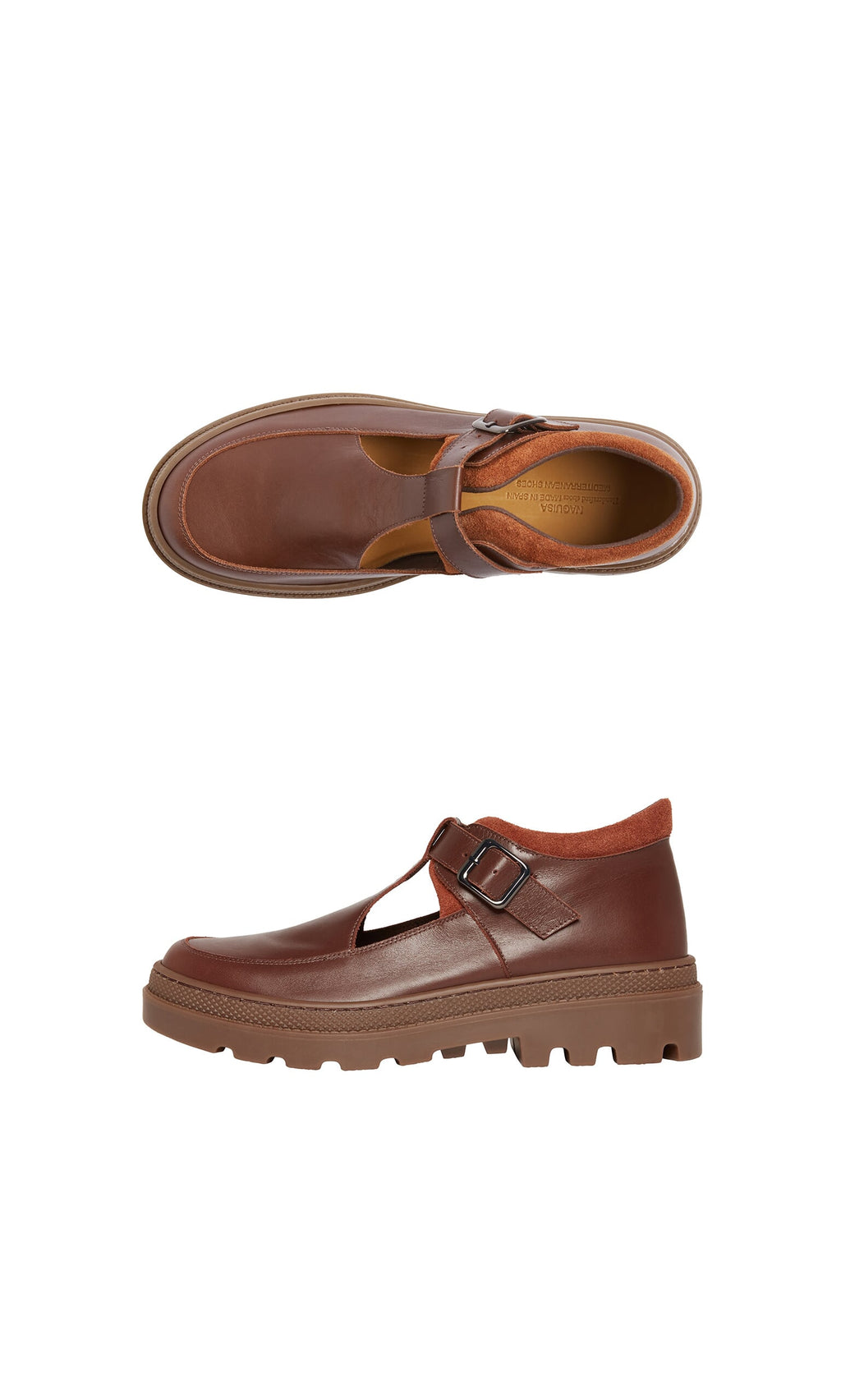 Plümo- Toba Shoes: Brown leather T-bar with chunky grooved rubber sole, shown side and top view on a white background.