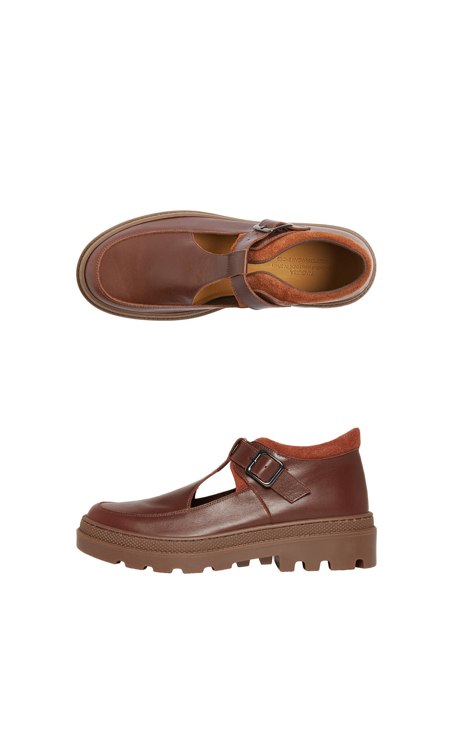 Plümo- Toba Shoes: Brown leather T-bar with chunky grooved rubber sole, shown side and top view on a white background.