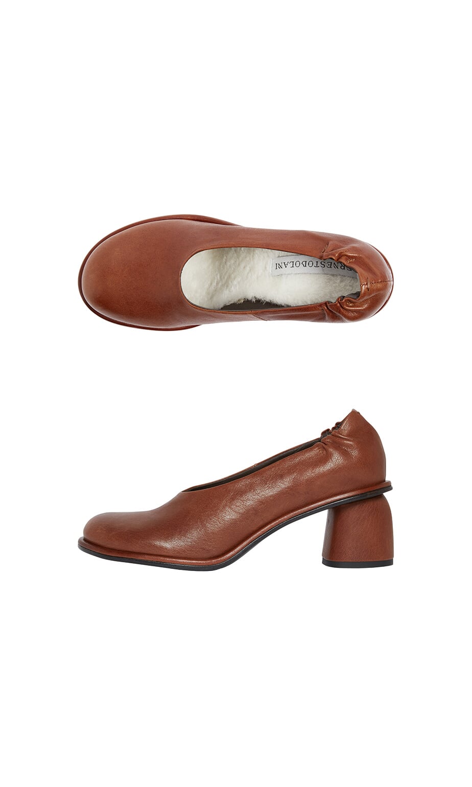 Plümo- Solene Heels: brown leather round-toe pumps with elastic back, perfect for winter, shown from side and top views.