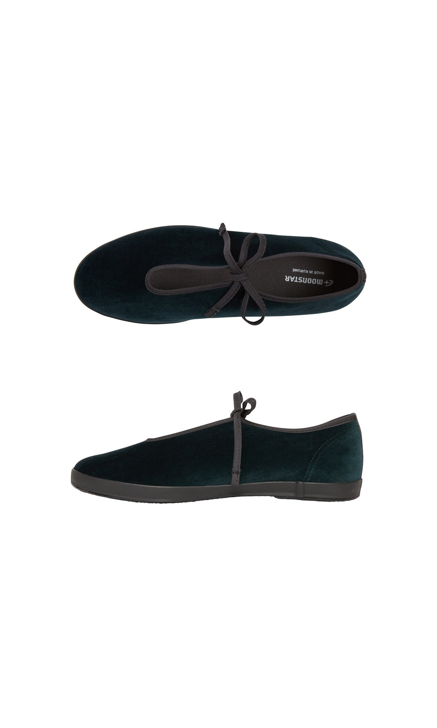Plümo- Velvet Prim Ballerinas: dark green velvet, black trim, handcrafted by Kurame Japan; top and side views shown.