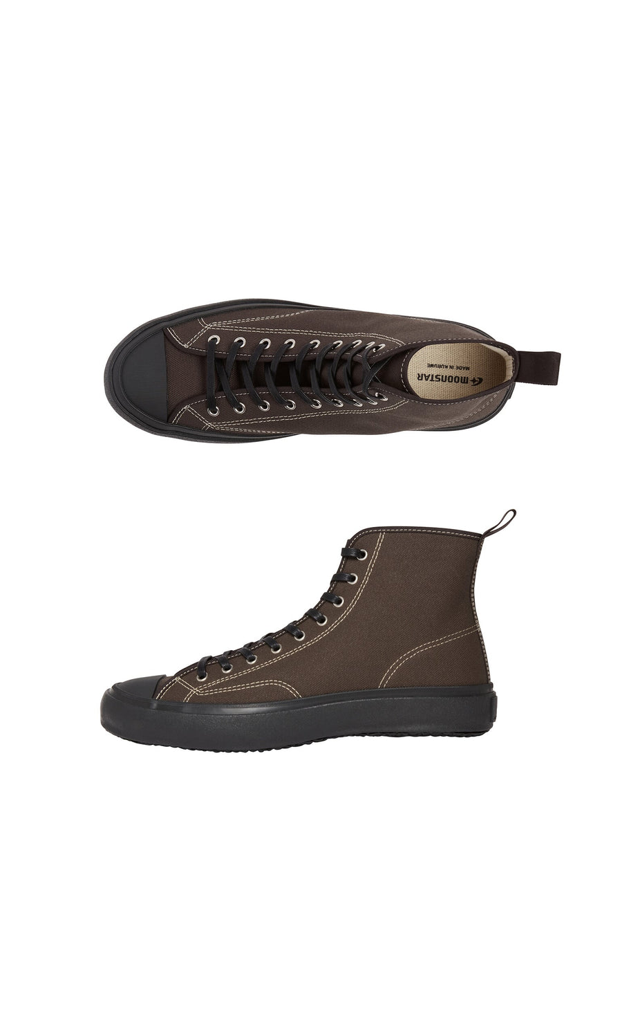 Plümo- High Top Trainers - Charcoal shown side and top, with black sole, toe cap, white stitching, and arch support.