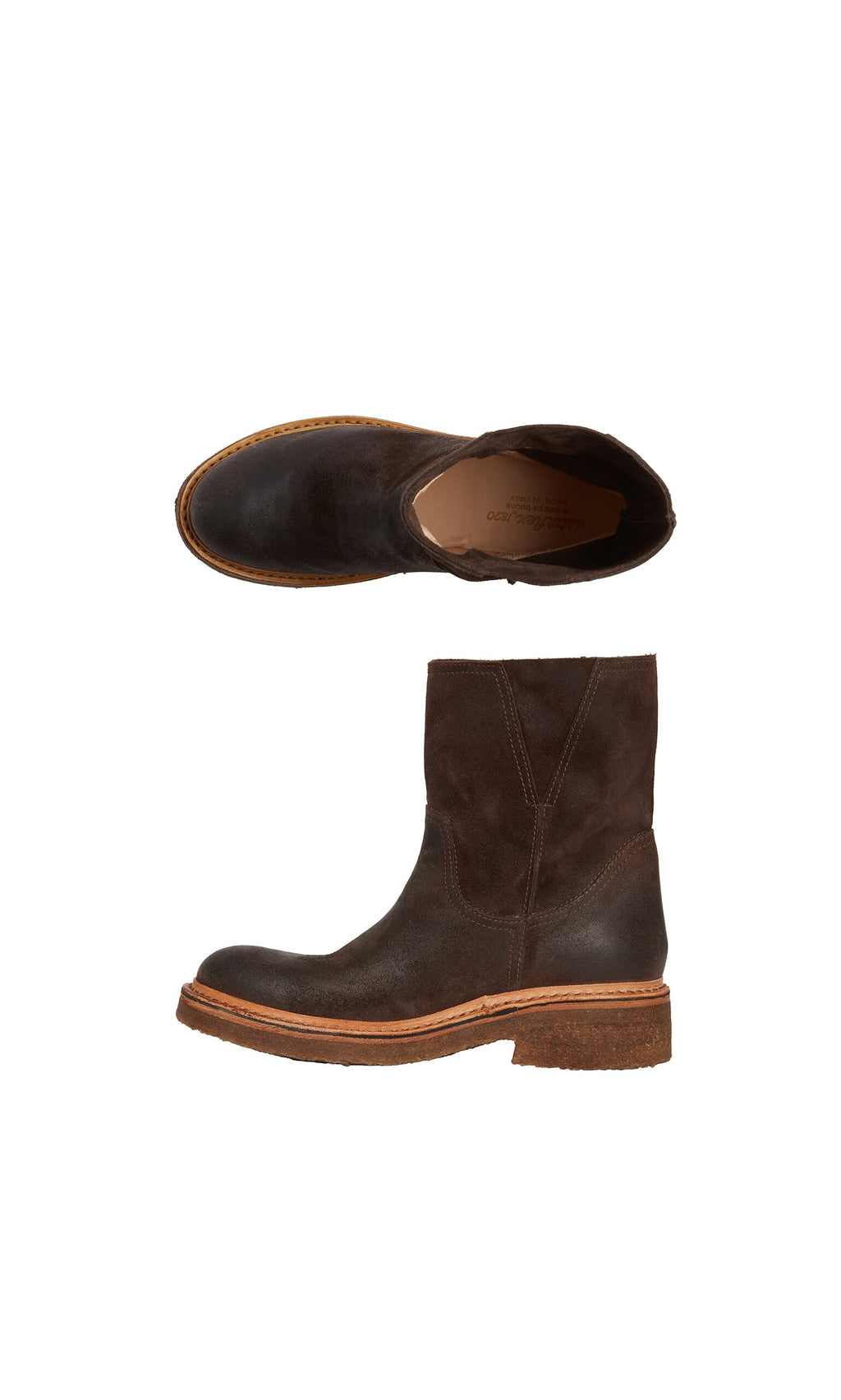 Plümo- Tait Boots—dark brown suede Western style, handcrafted in Italy, shown top and side on a white background.