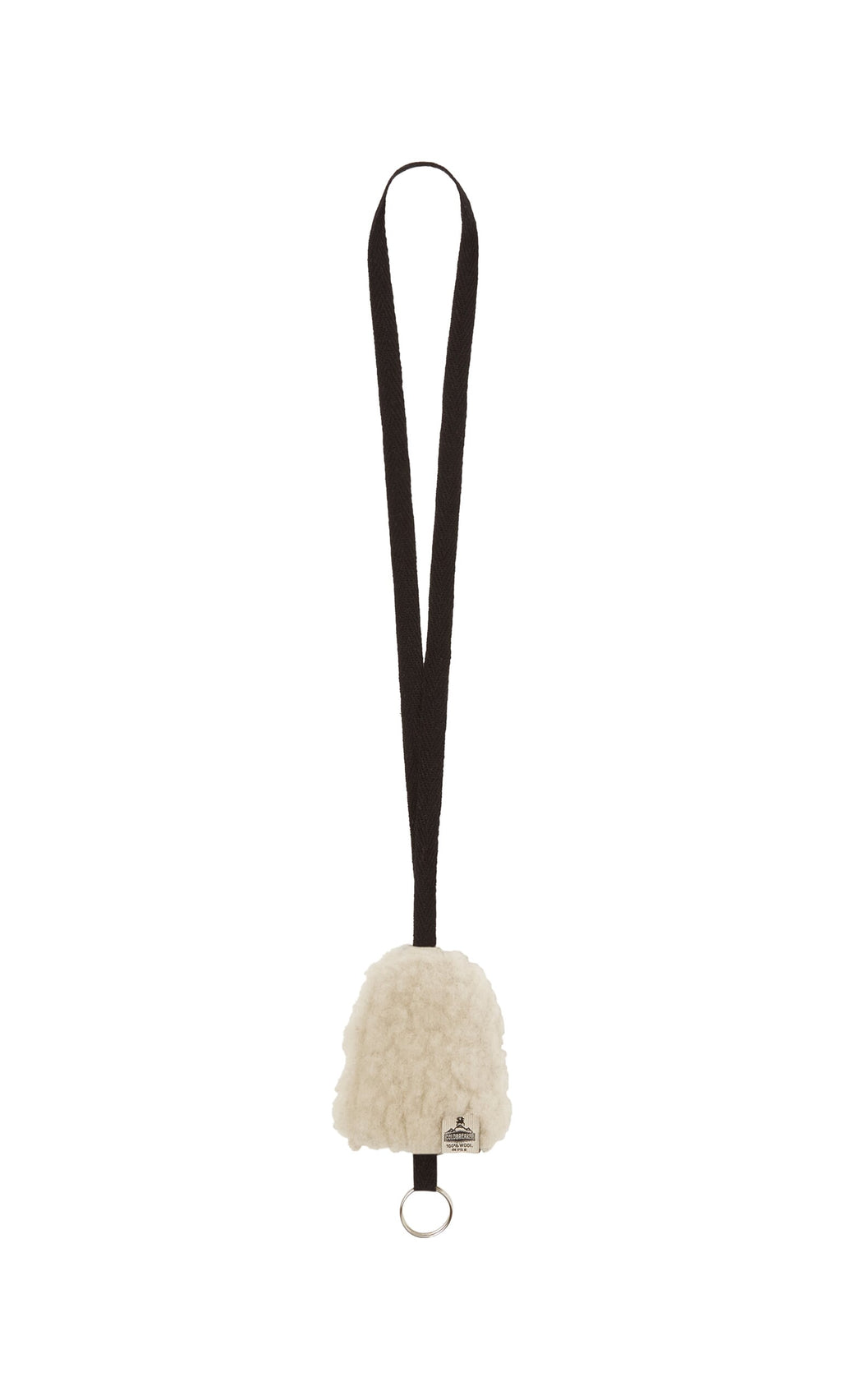 Plümo- The Shearling Keyholder is a black lanyard with a fluffy white wool pouch and metal keyring at the bottom.