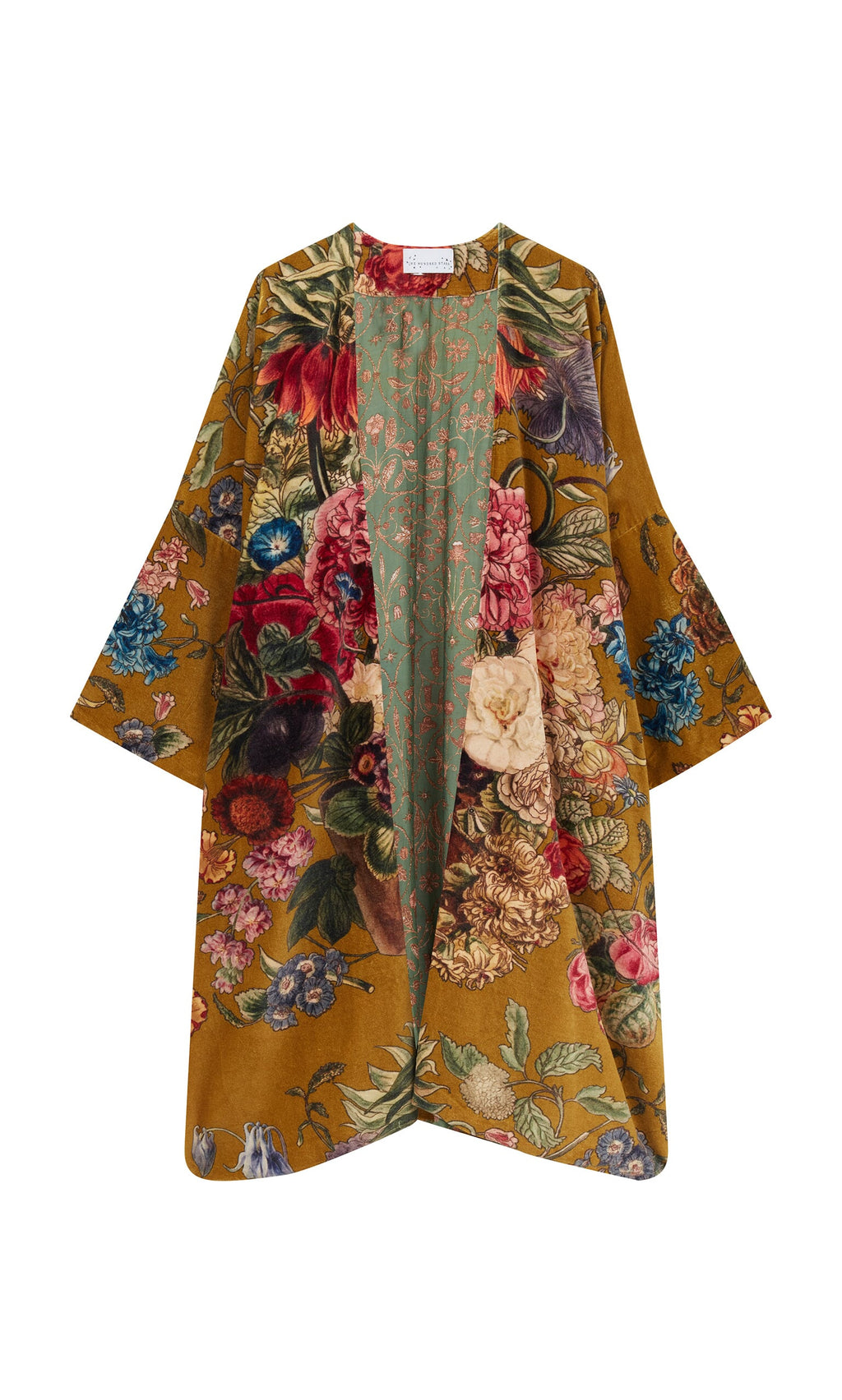 Plümo- The Pomfret Kimono features wide sleeves and vibrant florals on mustard yellow for sustainable elegance.