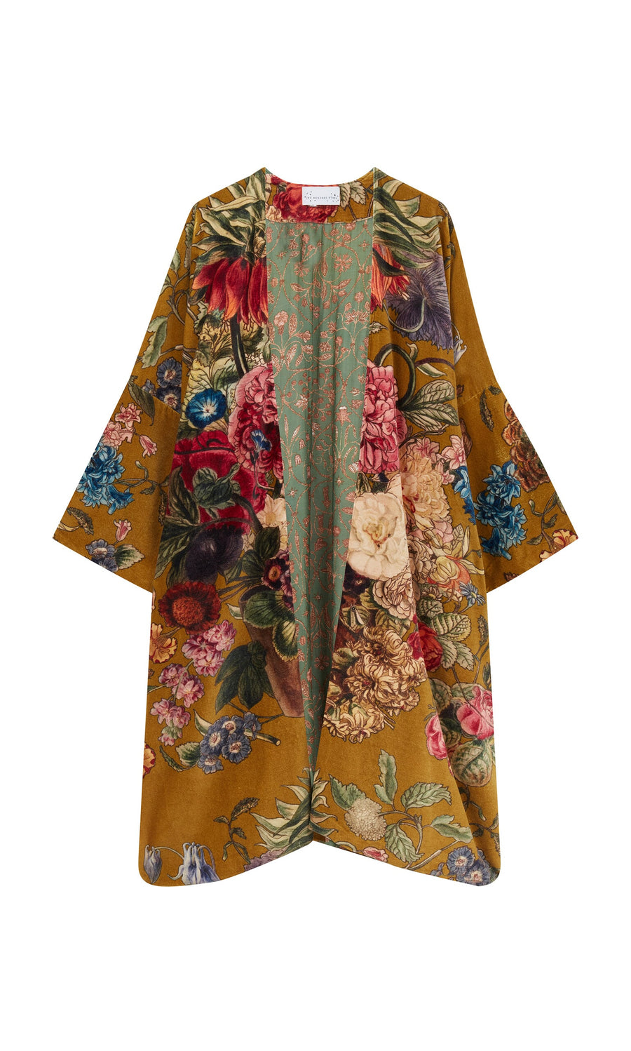 Plümo- The Pomfret Kimono features wide sleeves and vibrant florals on mustard yellow for sustainable elegance.