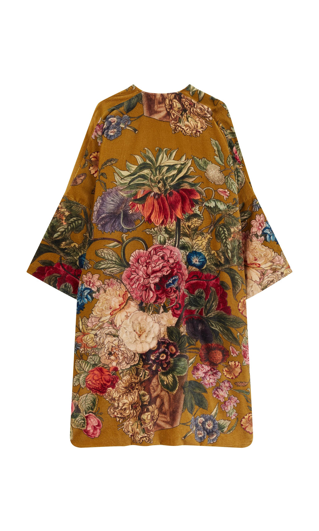 Plümo- The Pomfret Kimono is knee-length with wide sleeves and a rich floral pattern on a mustard yellow background.