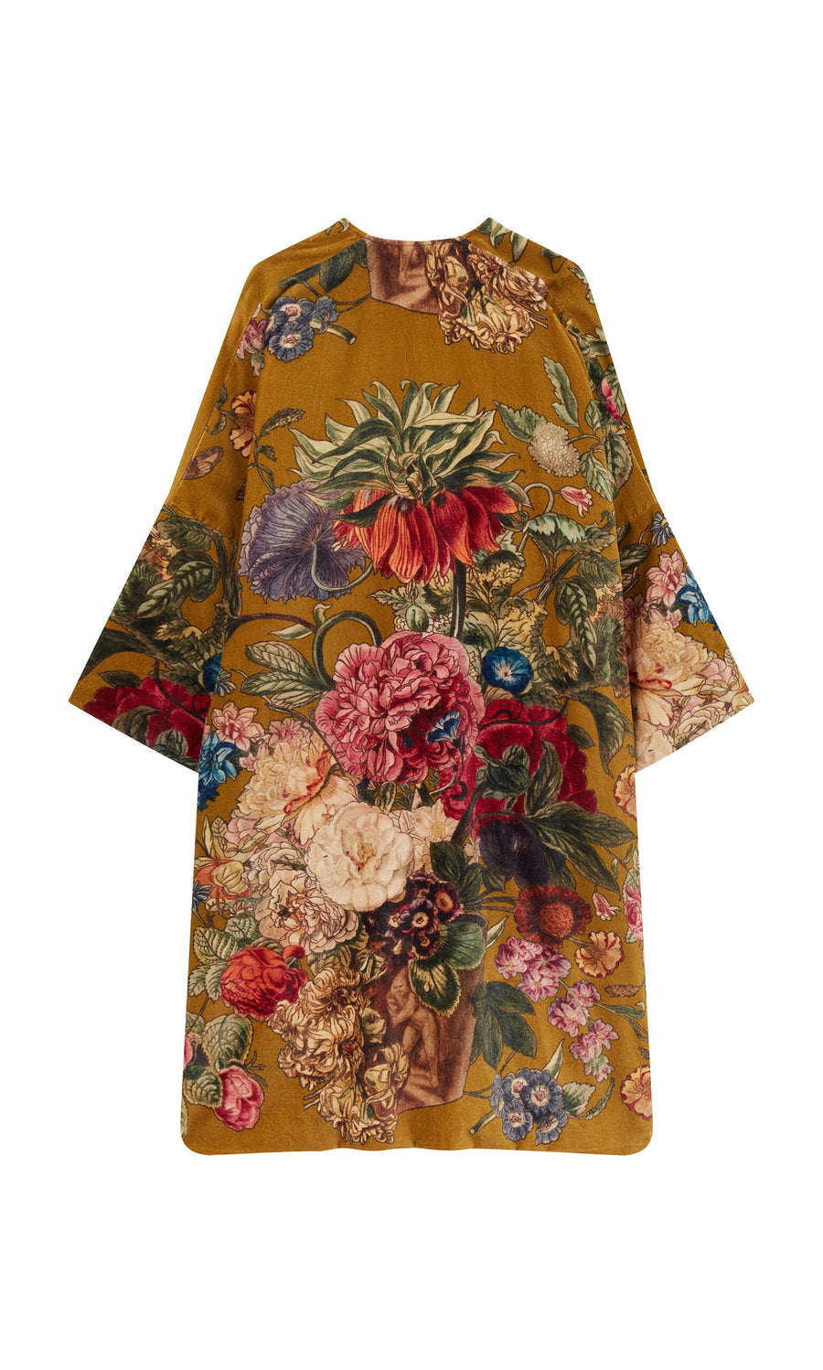 Plümo- The Pomfret Kimono is knee-length with wide sleeves and a rich floral pattern on a mustard yellow background.