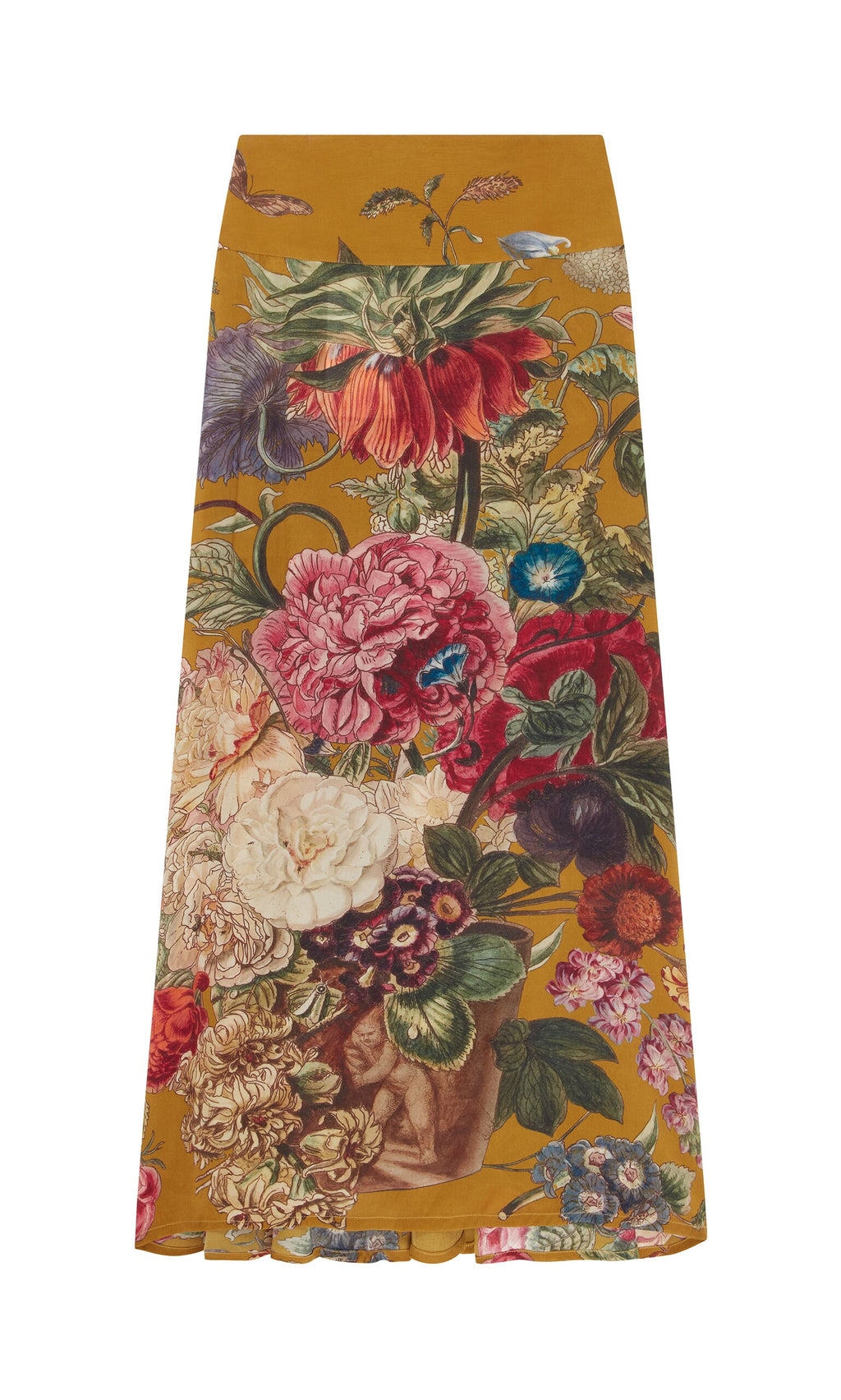 Plümo- Golda Skirt: Ethically made, vintage-inspired floral skirt with a mustard-yellow base and green leaves.