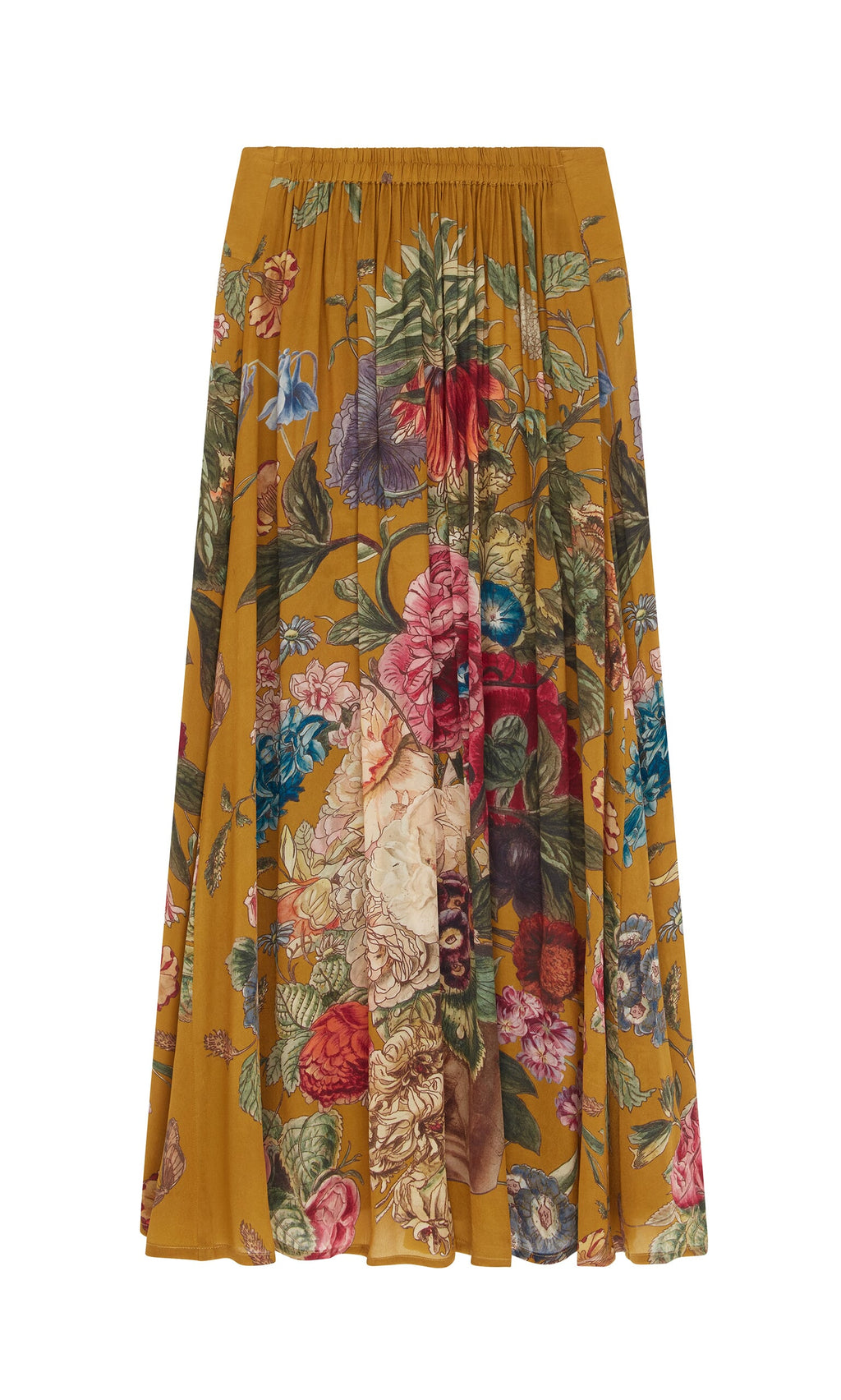 Plümo- Golda Skirt: Vintage-inspired mustard yellow floral skirt with gathered waistband; ethically made.
