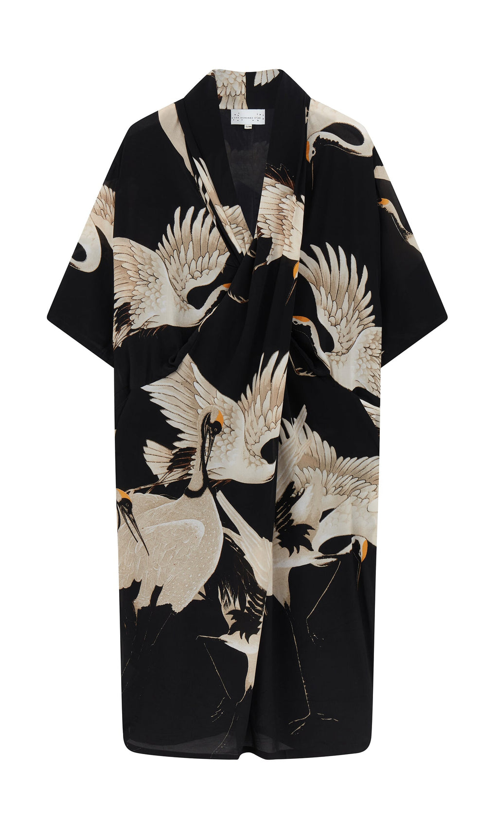 Plümo- Stork Twist Dress: Short-sleeved black dress with beige and white crane bird print.