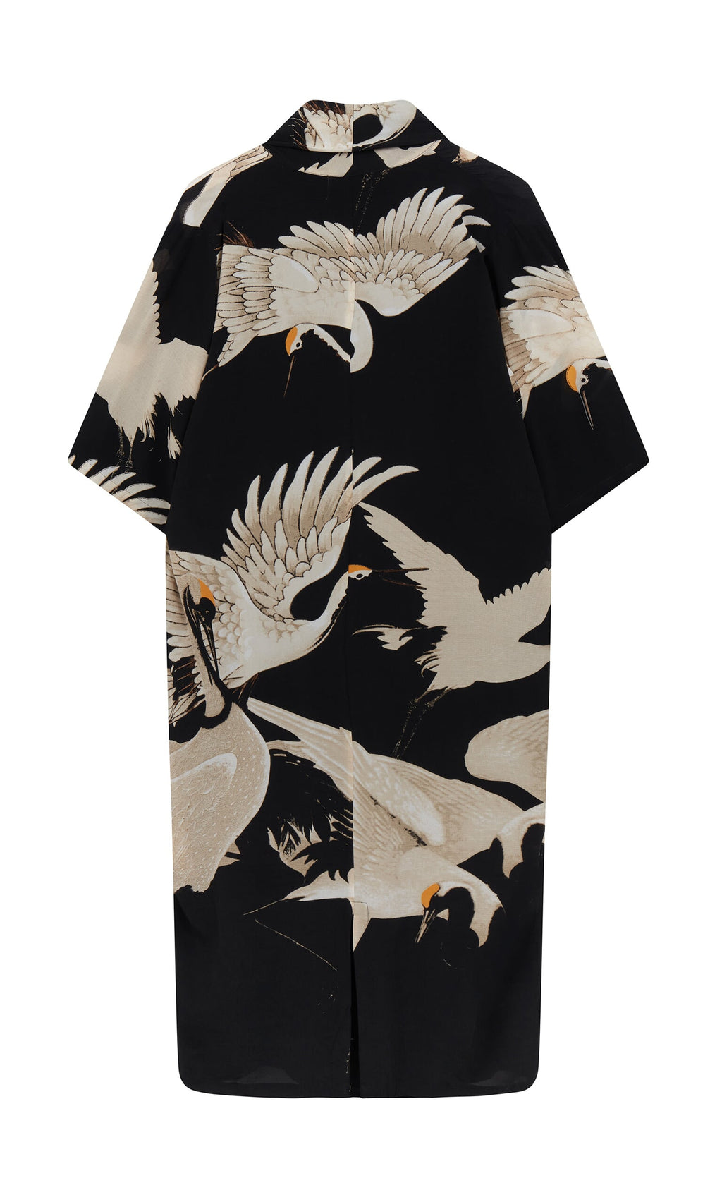 Plümo- Stork Twist Dress: Black, short-sleeve dress with beige stork print and vintage-inspired flying cranes.