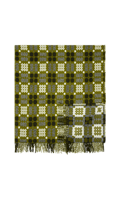 Plümo- Apple green, white, and gray Welsh Blanket with a traditional geometric checkered tapestry weave pattern.