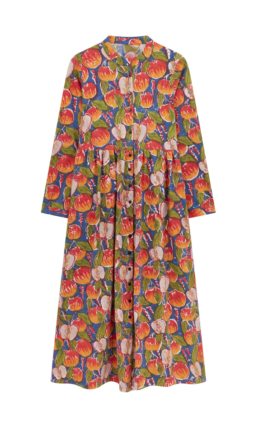 Plümo- Braeburn Dress: Long-sleeved cotton dress with a rosy apple print on a blue background and button front.