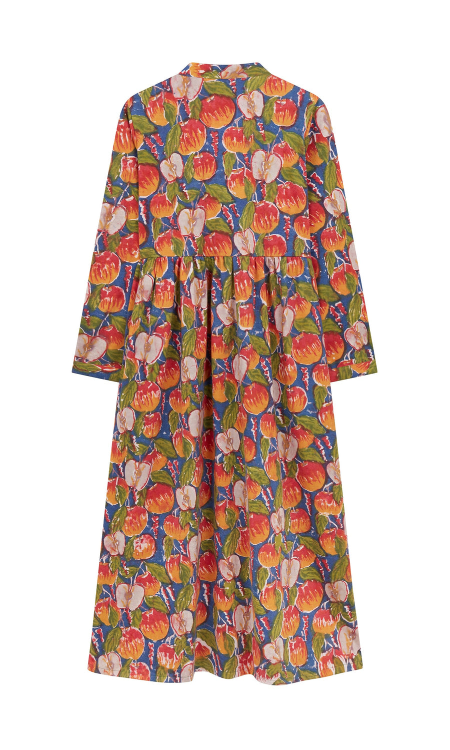 Plümo- Braeburn Dress: Long-sleeved, ankle-length cotton dress with rosy apple print on a dark background, back view.